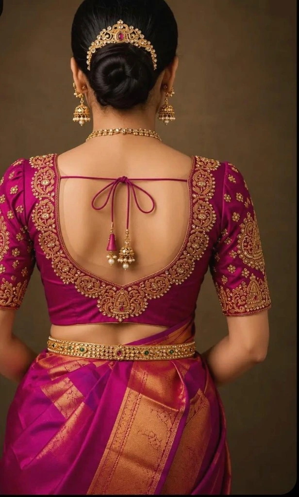 Vibrant royal blue and gold Navari saree design details