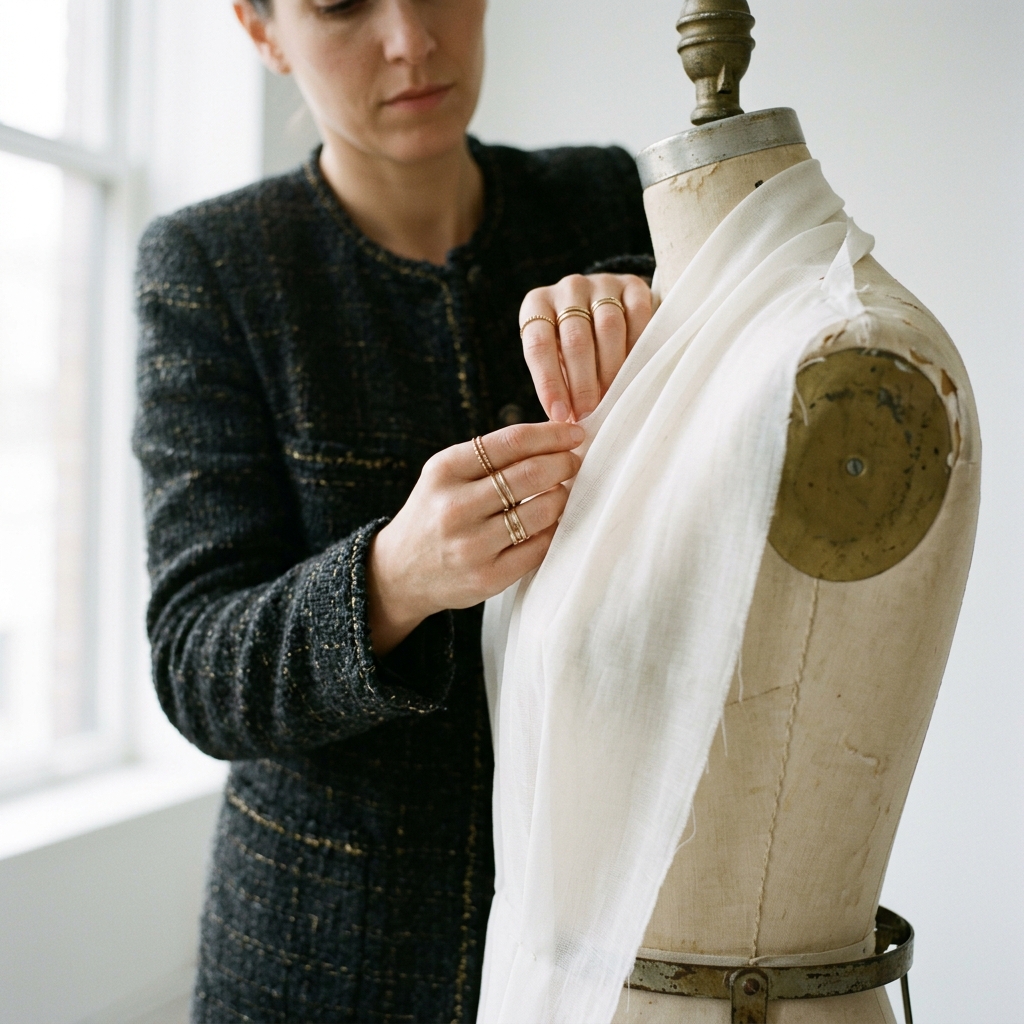 Raw craftsmanship showing hands cutting elegant fabrics at the sewing table