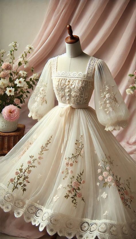 Ivory Sheer Organza Embroidered Gown