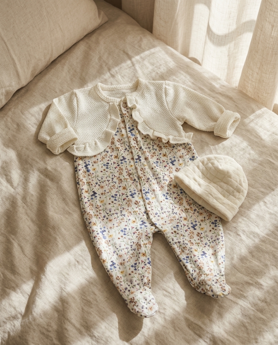 Waffle Knit Bolero and Floral Onesie Set