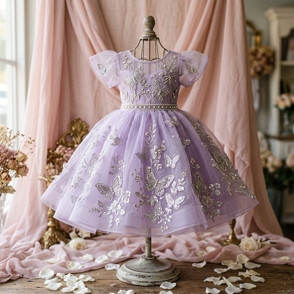 Lavender Organza Butterfly Embroidered Kids Gown