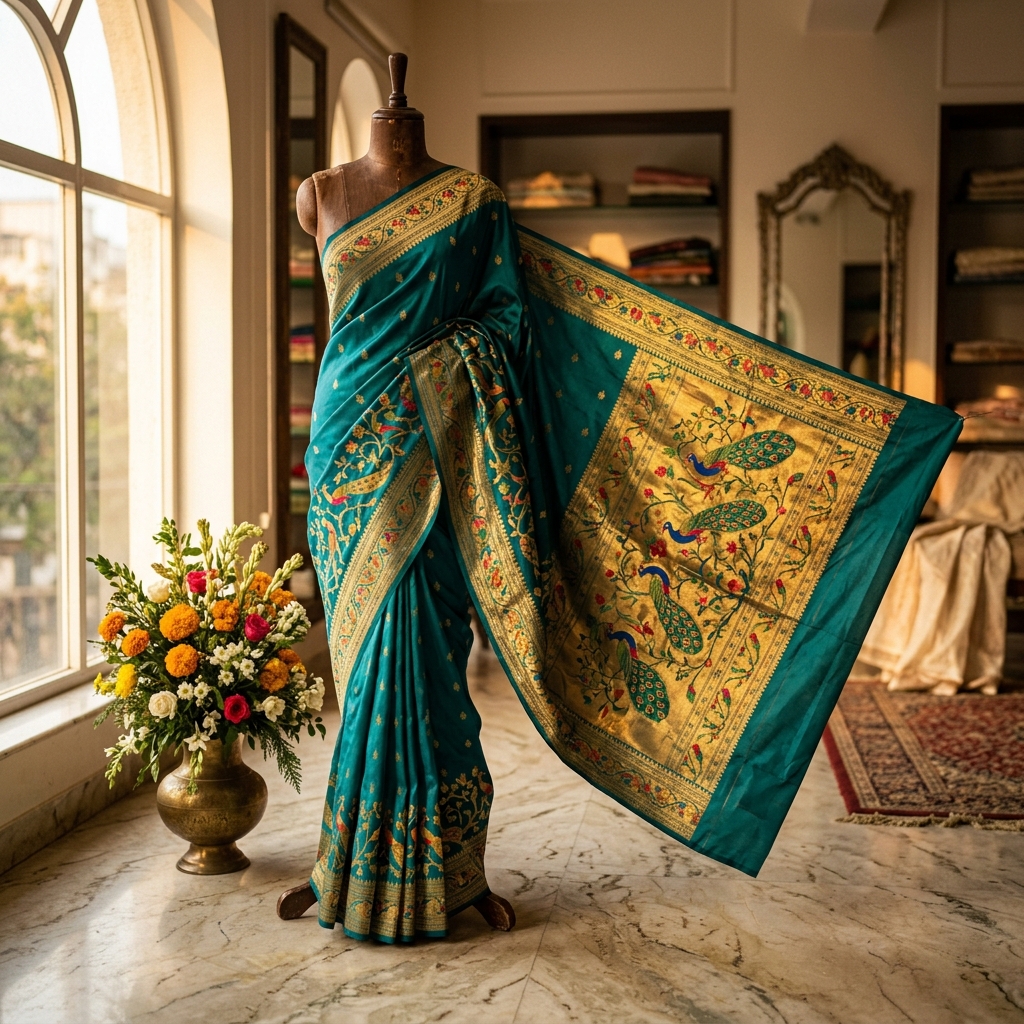 Teal Paithani Silk Saree with Peacock Pallu